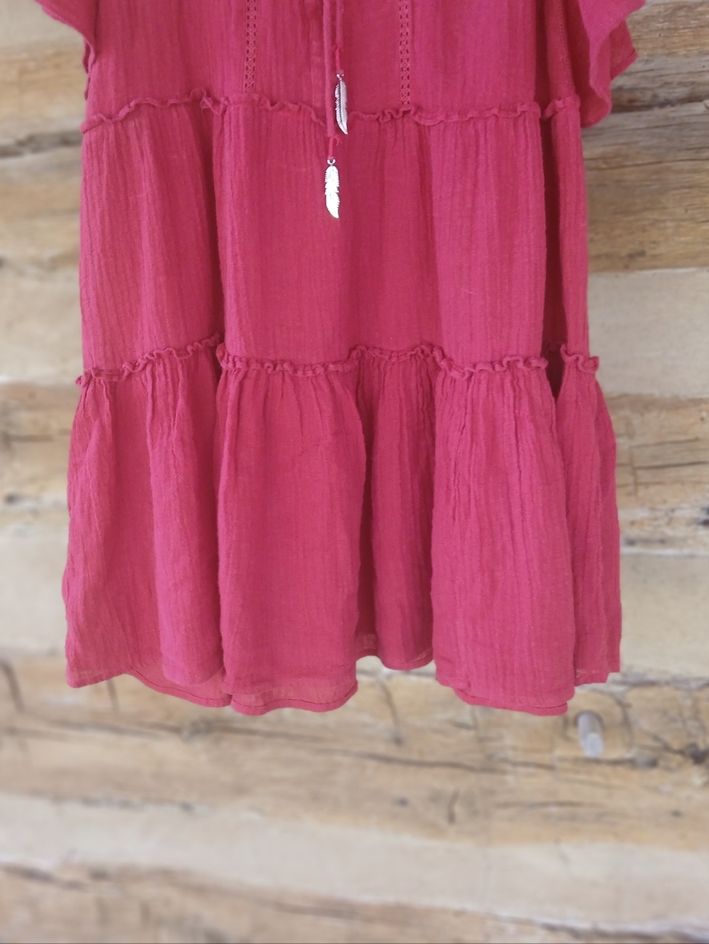 Karlie Red Flutter Sleeve Tiered Linen Cotton Mini Dress Medium - Picture 3 of 9